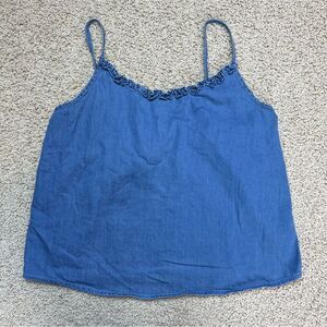 KALUA Chambray Spaghetti Strap Top Adjustable Denim Ruffle Tank Blue Size Large